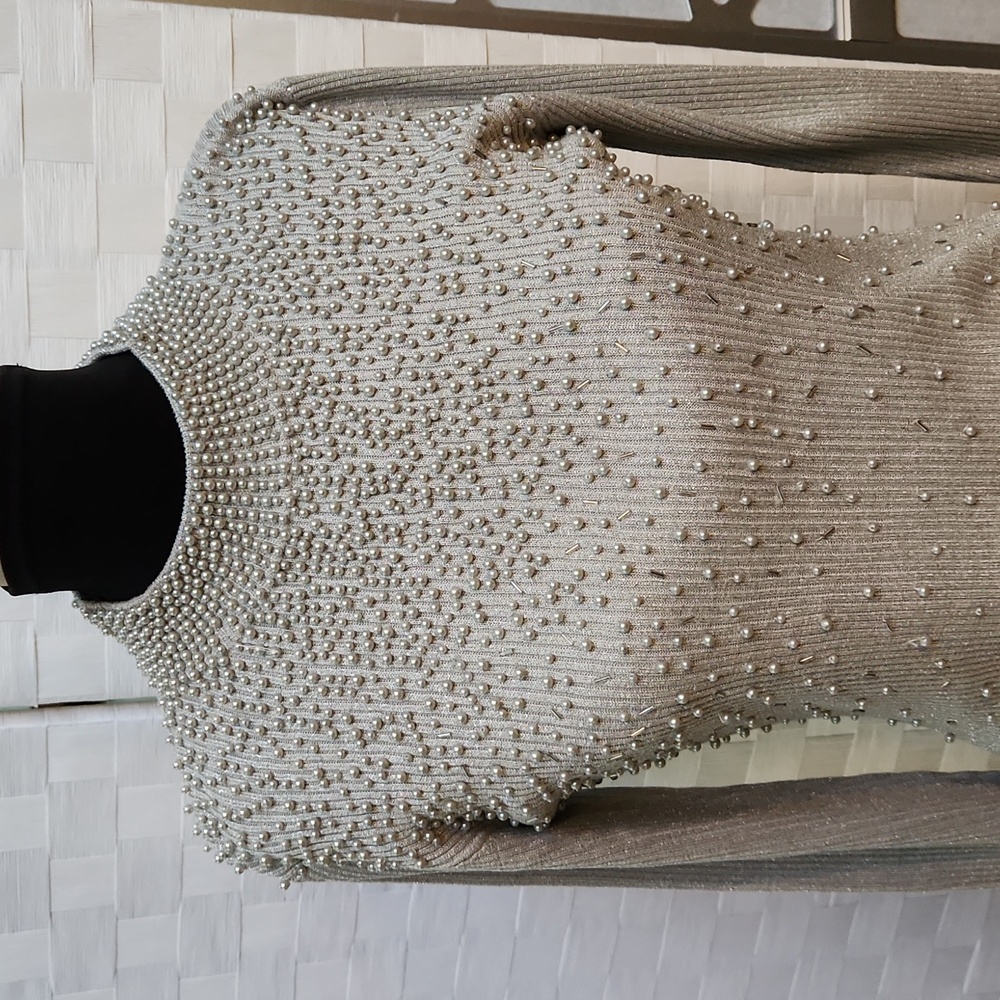 Vintage Silver Beaded Belldini Silk Sweater - Size Medium - Picture 3 of 13